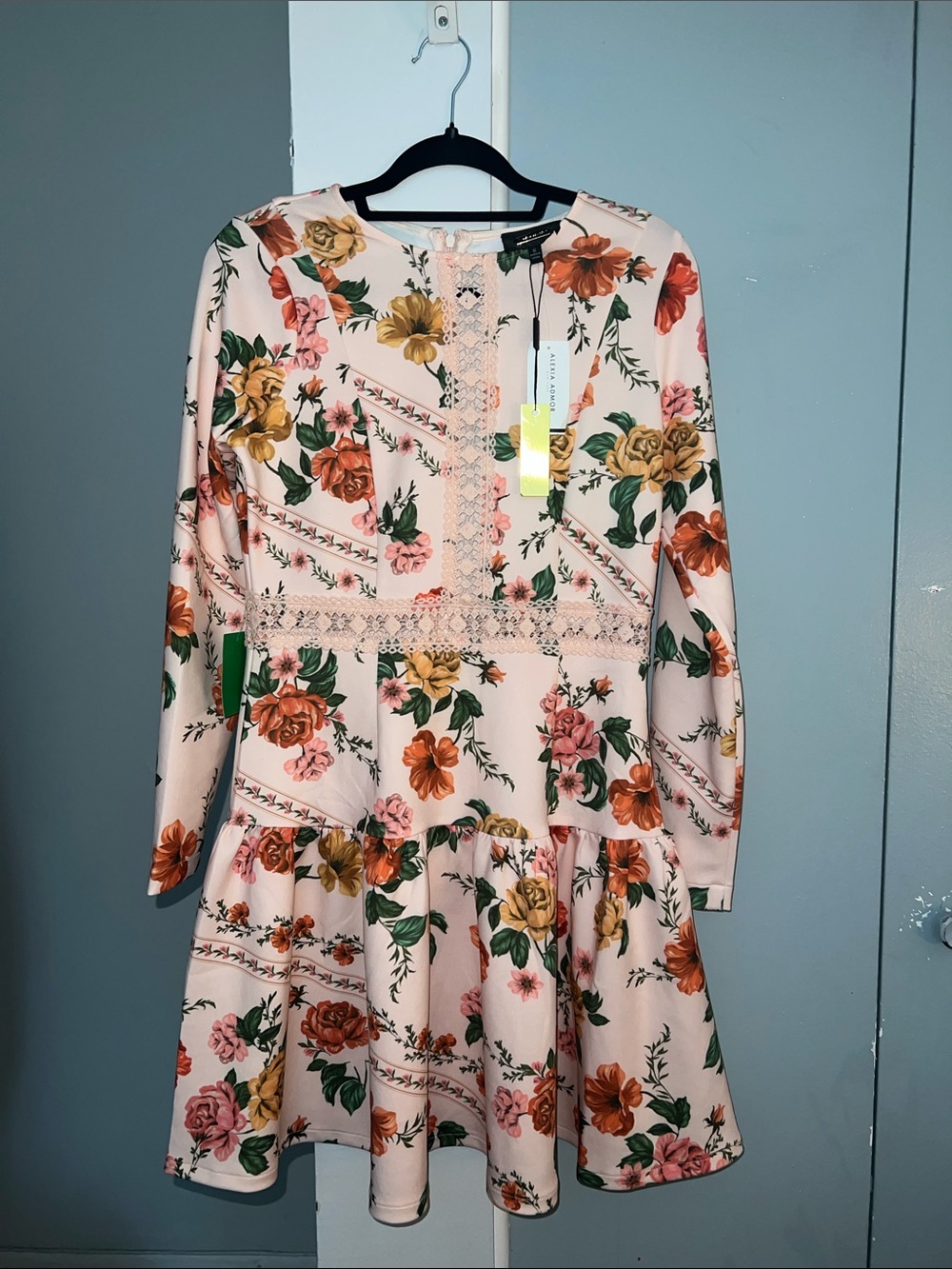 Alexia Admor Pink Floral Long-Sleeve Lace-Trim Fit & Flare Dress
